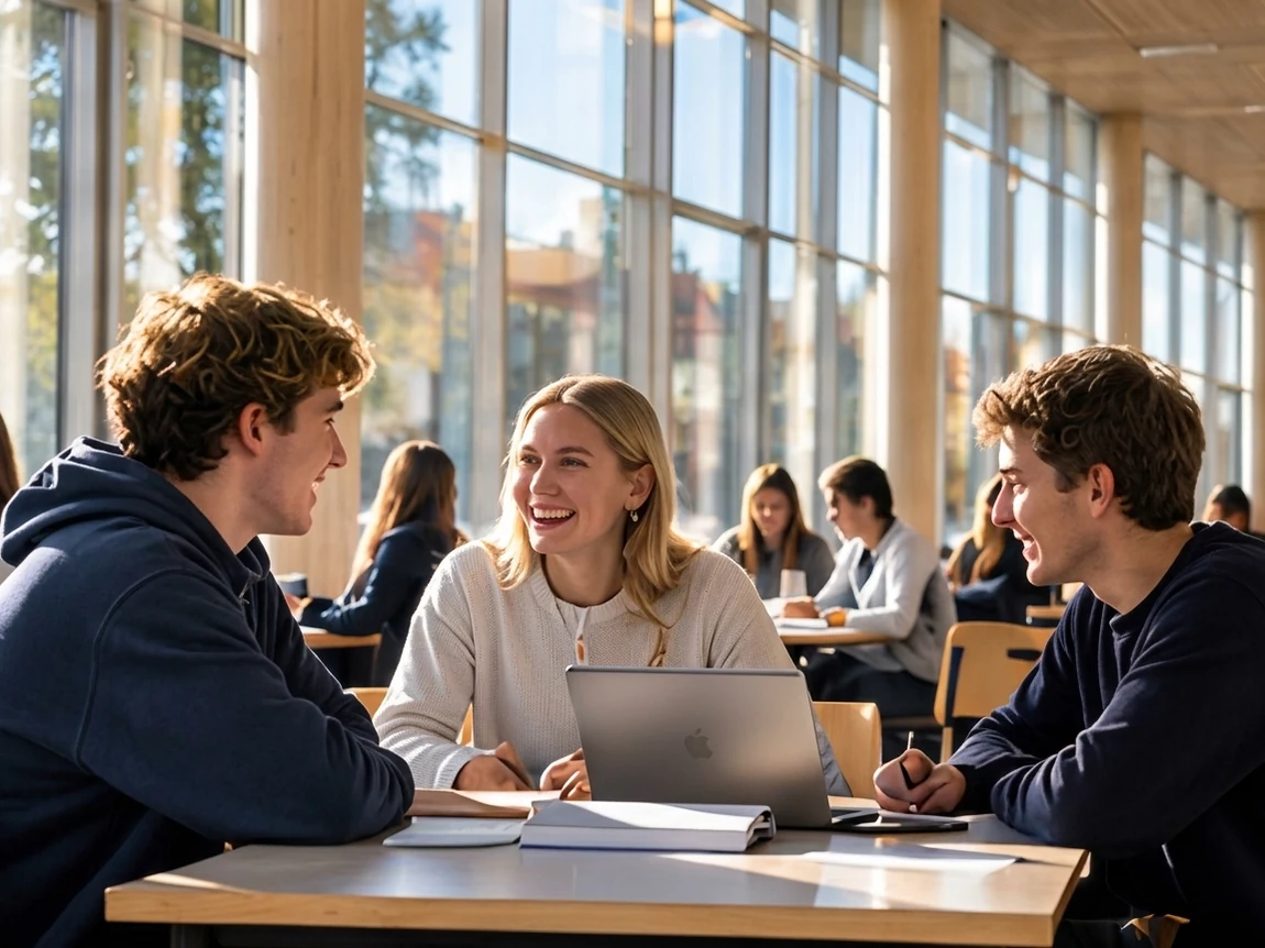 Estudiantes trabajando juntos con portátiles en un aula luminosa