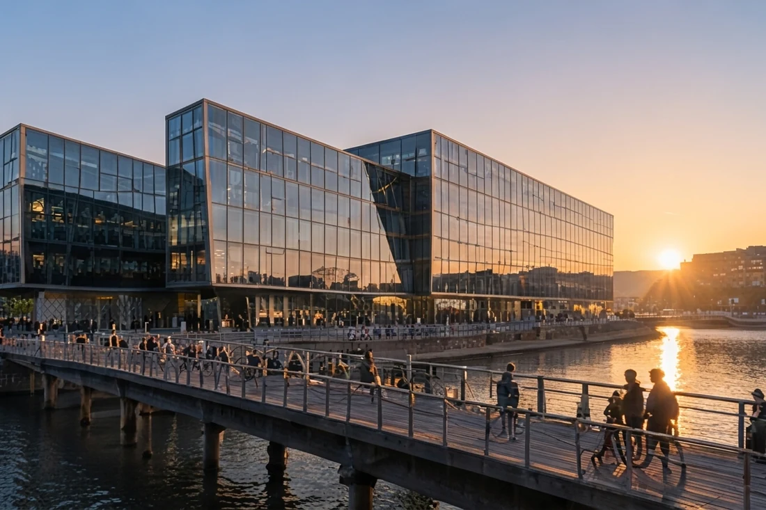Edificios junto al agua en una ciudad danesa al atardecer