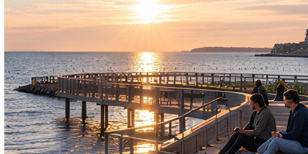 Un muelle de madera al atardecer con gente sentada mirando el mar