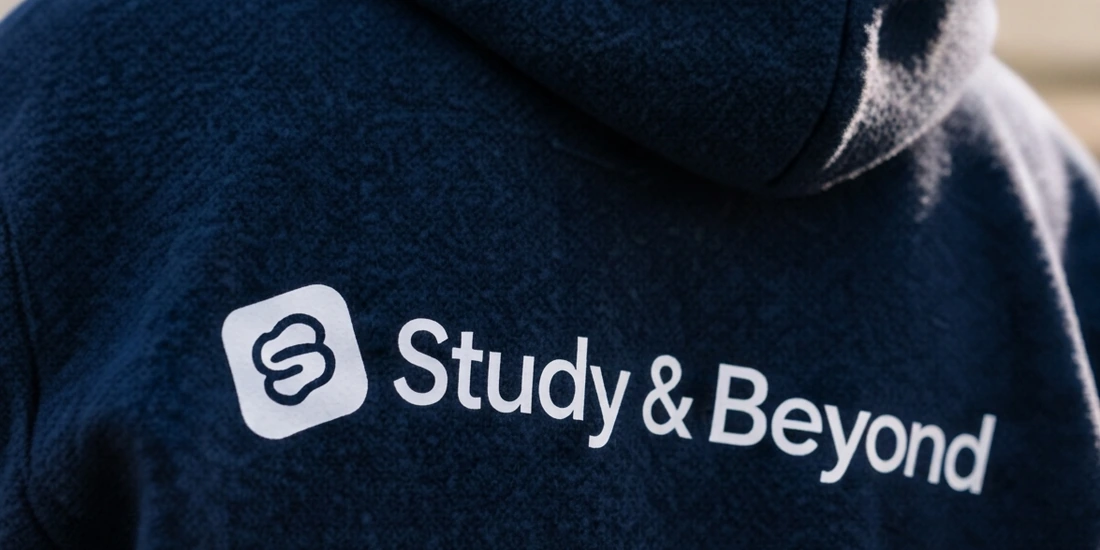 El logotipo de Study & Beyond bordado en una sudadera azul marino