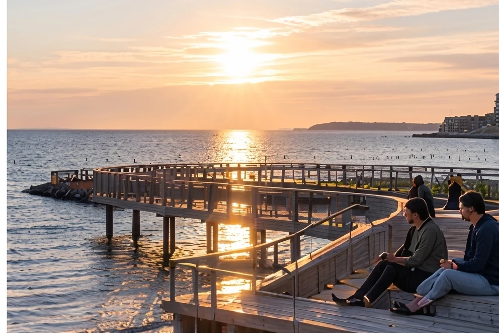 Gente sentada en un muelle de madera al atardecer