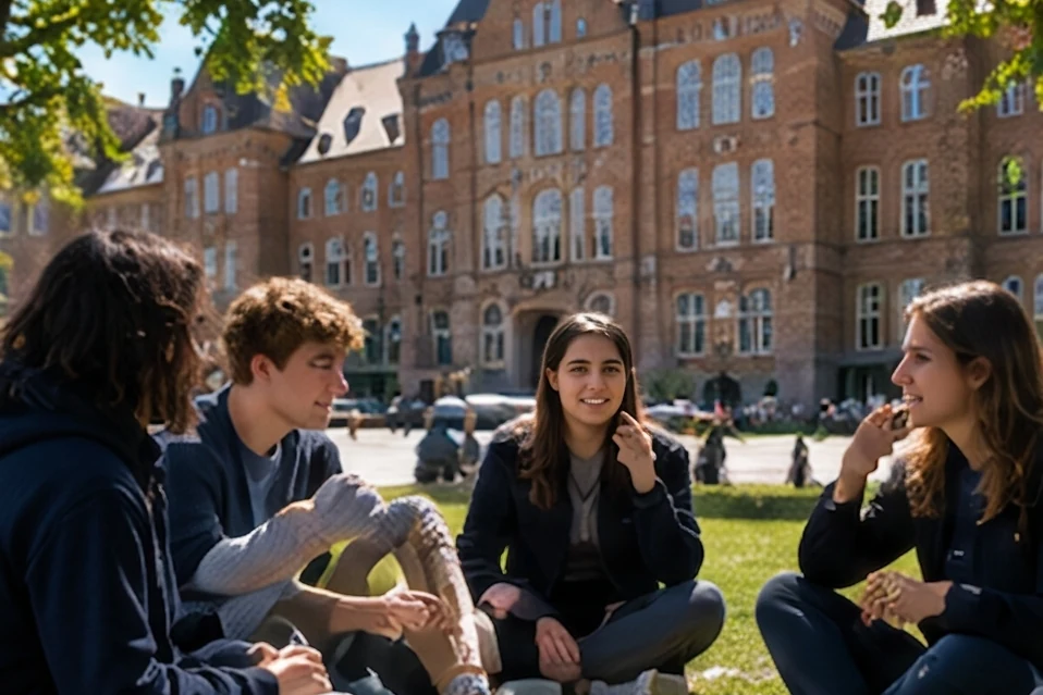 Estudiantes charlando sentados en el césped de un campus danés