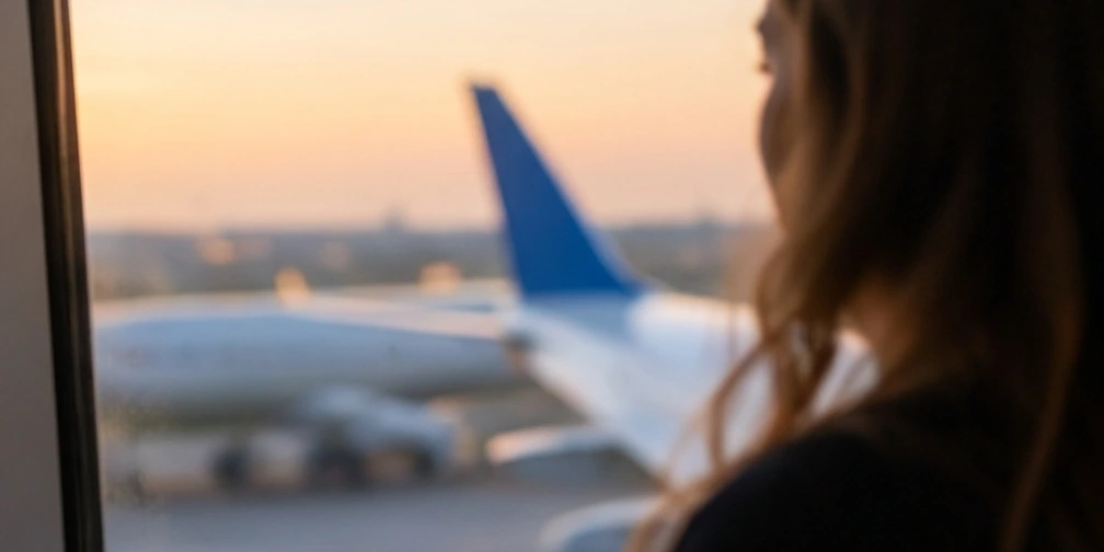 Una pasajera mira por la ventanilla de un avión al atardecer