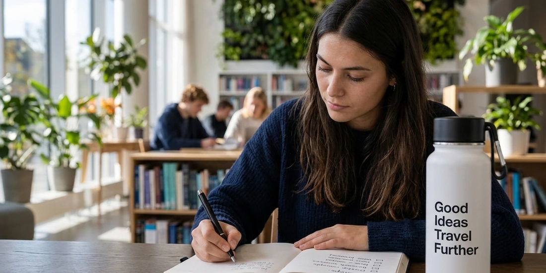 Una estudiante toma notas en un cuaderno en una biblioteca