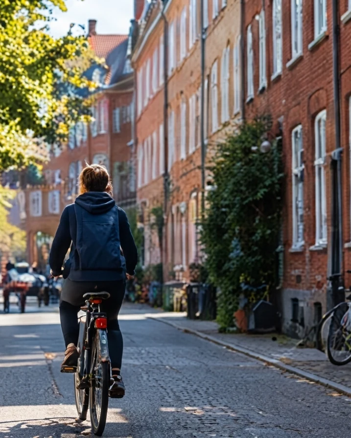 Una calle danesa con alguien yendo en bici