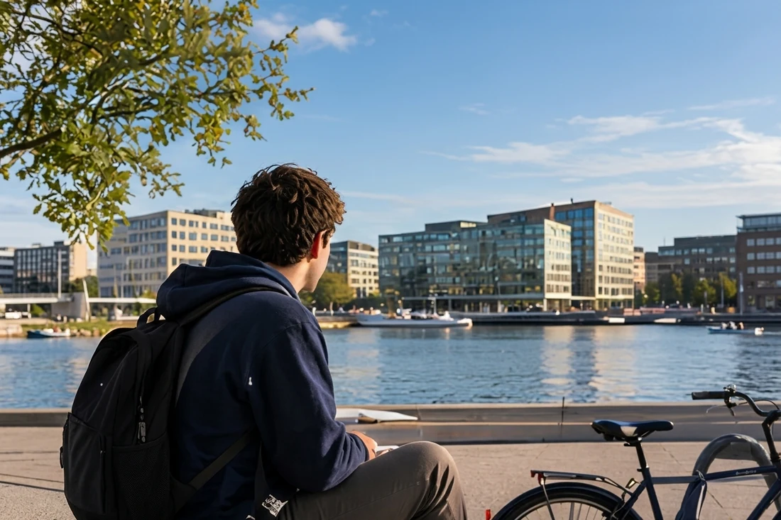 Un estudiante junto al agua, con su bici al lado