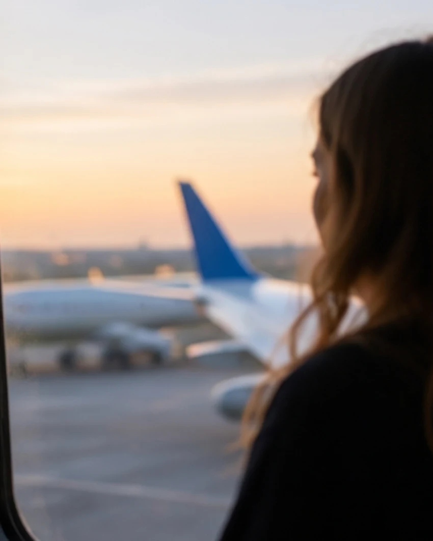 Vista desde la ventanilla de un avión al atardecer